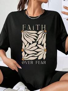 Women's 'Faith Over Fear' Graphic T-Shirt, Plus Size, Floral Design With Inspirational Quote, Fashionable Top For Casual Wear - 黑色 - 查看 1