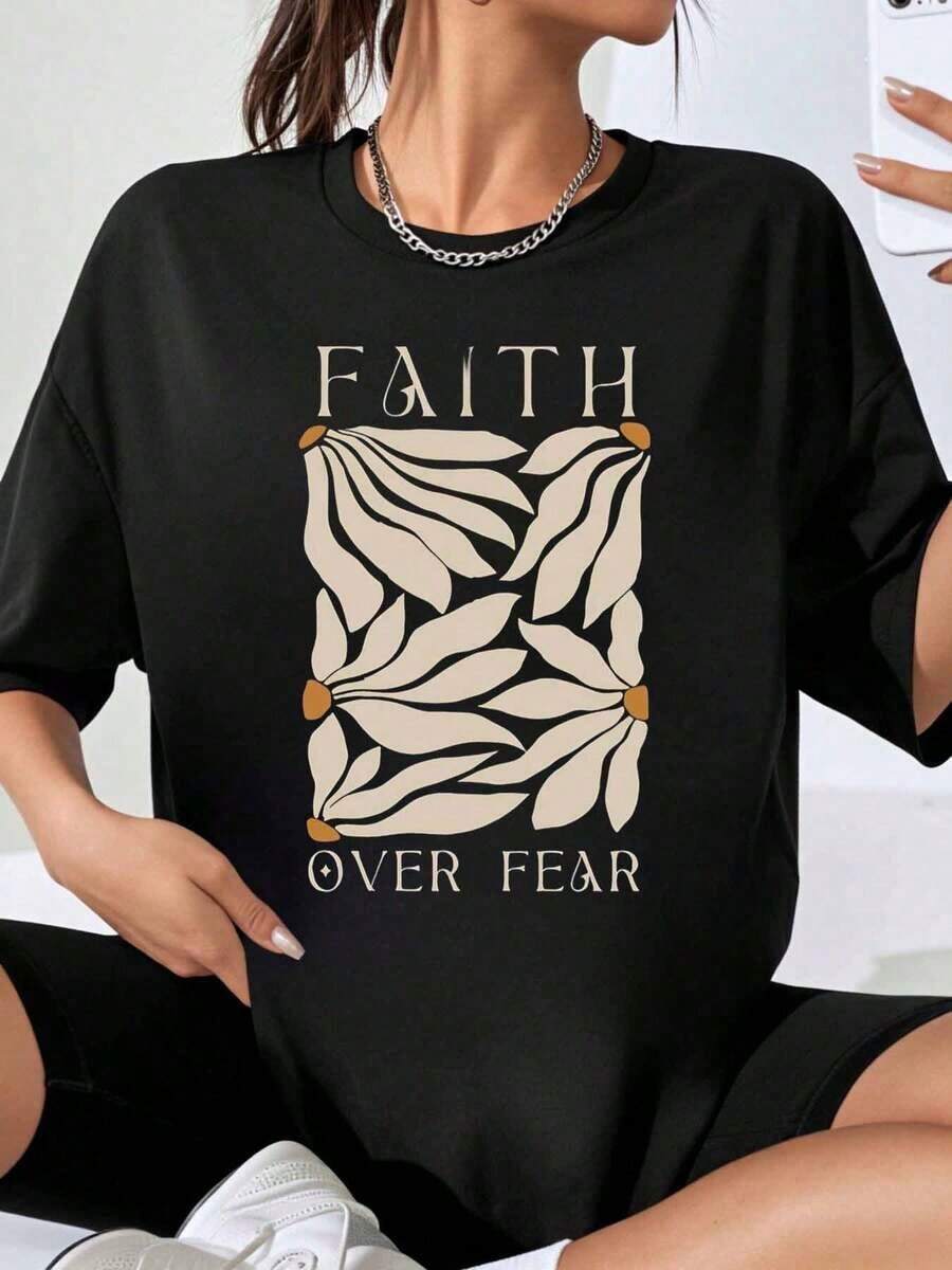 Women's 'Faith Over Fear' Graphic T-Shirt, Plus Size, Floral Design With Inspirational Quote, Fashionable Top For Casual Wear - 黑色 - 查看 1