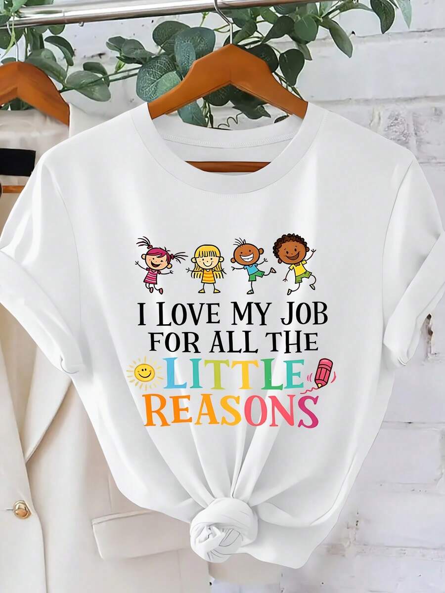 Women's Heartwarming Professional Style T-Shirt With "I LOVE MY JOB For ALL THE LITTLE REASONS" Print, Cartoon Short-Sleeve Crew Neck Top, Spring/Summer 2026 Top For Teachers And Travelers, Elegant Vintage Party Wear For Women S-XXL - 白色 - 查看 1