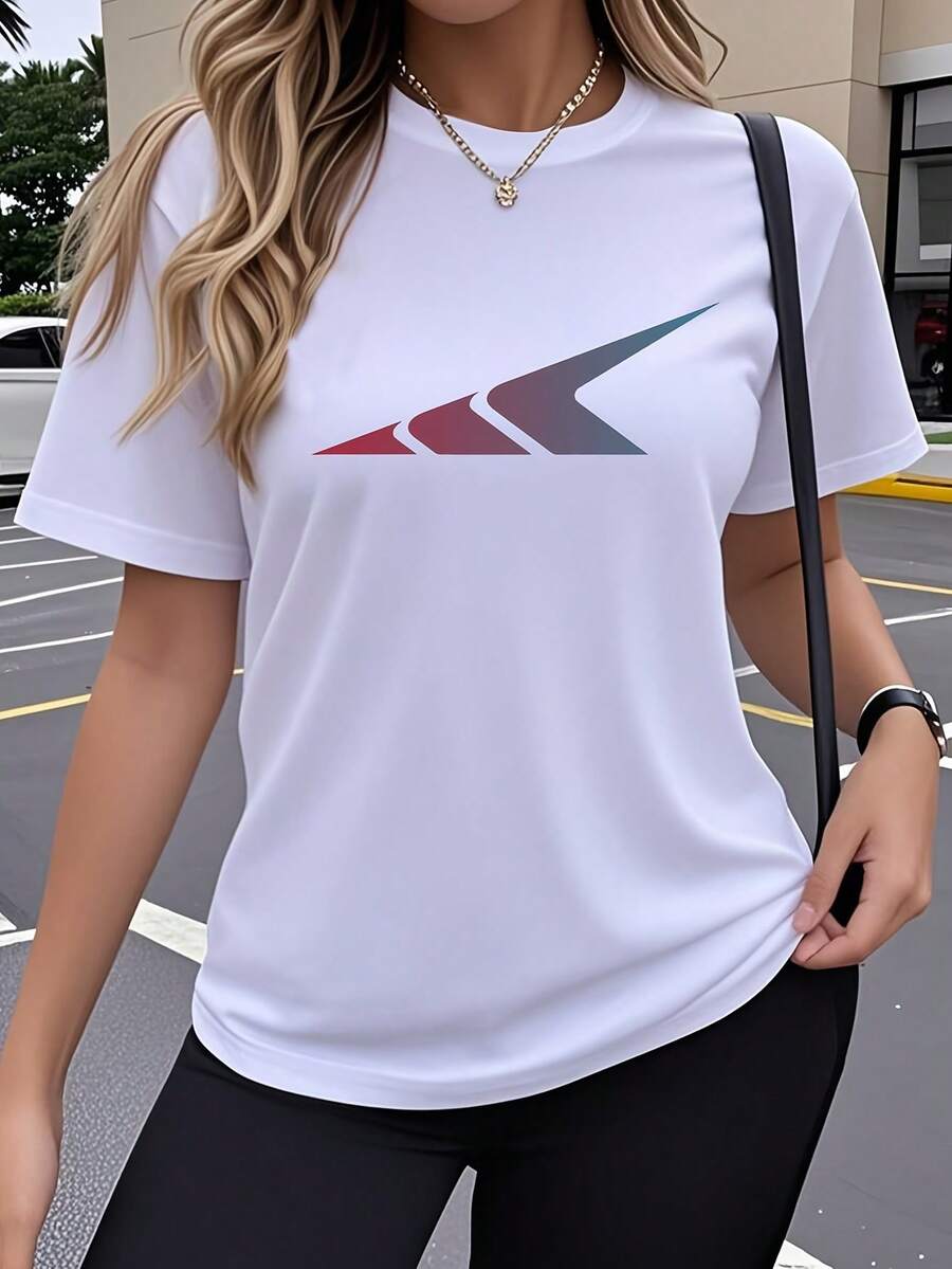 Women's One-Piece Short-Sleeve T-Shirt With Geometric Pattern Designs, Fun And Popular Creative Artistic Prints, Breathable And Stretchy Crew Neck Top, Comfortable For Outdoor Wear In Spring, Summer, And Autumn. Simple And Modern Casual Crew Neck Top Y2K - 白色 - 查看 1