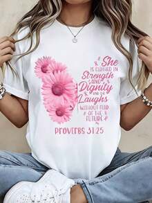 Fashionable Women's T-Shirt With Pink Flowers And The Bible Verse Proverbs 31:25: She Is Clothed With Strength And Dignity And Laughs Without Fear Of The Future, Ideal For Casual Wear And Everyday Outfits. Casual Blouse For Women - 白色 - 查看 7