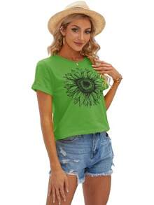 1Piece Fashion Casual For Men And Women City Bell Women T-Shirt Short Sleeve Tee Sunflower Graphic Loose Summer Top Versatile, Easy To Match, Suitable For Daily Wear, Urban Style, Holiday Outfits, Weekend Outfits. - 綠色 - 查看 3