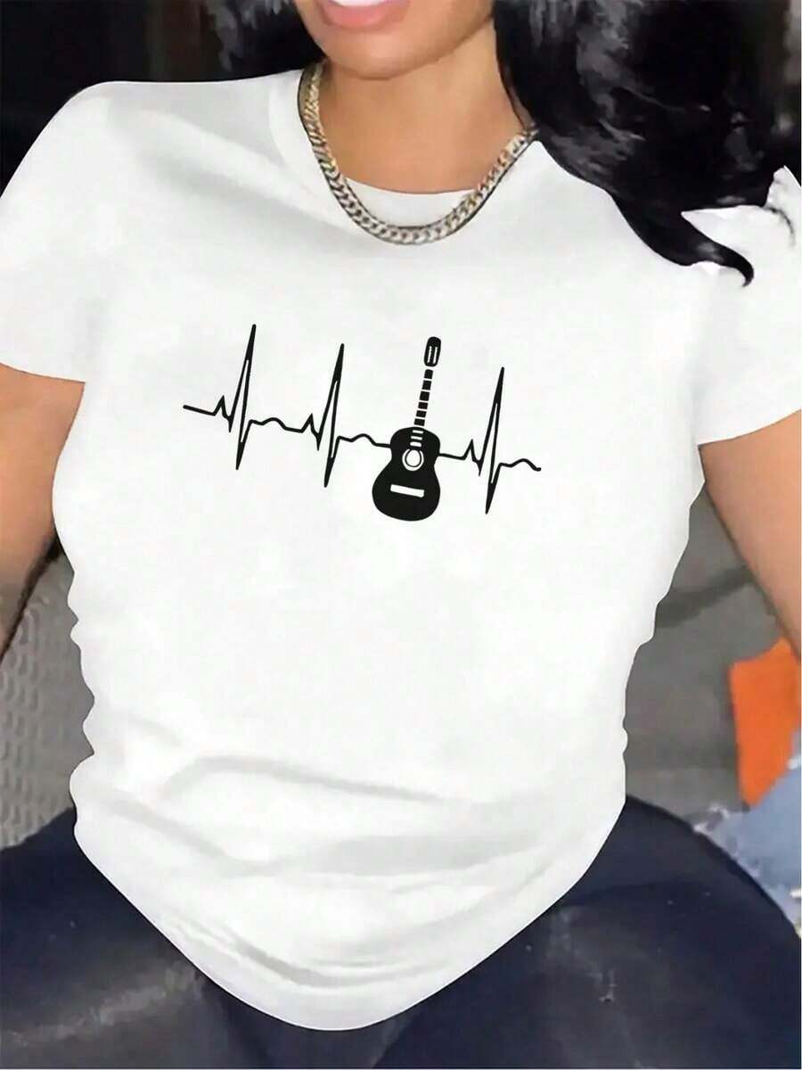 Women's Cotton Crew Neck Casual T-Shirt. Polyester T-Shirt With Guitar Beat Design For Music Lovers, Durable And Comfortable, Ideal For Home, Office, Or Outdoor Wear. Soft Fabric, Stylish Clothing For Casual Outfits, Unisex Cut, Lightweight And Breathable Top. Simple T-Shirt For Everyday Wear - 白色 - 查看 1