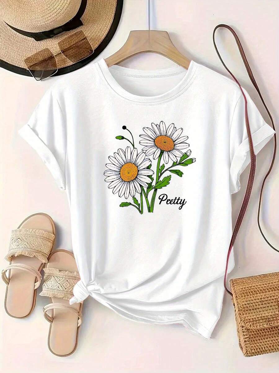 Women's Casual Short Sleeve T-Shirt - White Daisy Floral Print With The Letter "Pretty", Breathable Round Neck For All Seasons, Machine Washable, Comfortable Style, Everyday Wear For Women, Bright Print T-Shirt, Comfortable Fabric. - 白色 - 查看 1