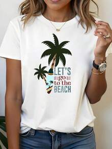 LET'S GO TO THE BEACH - Women's Casual Short Sleeve Crew Neck T-Shirt, Palm Tree And Surfboard Print, Spring/Summer, For Everyday Wear, Daily Outings, Holiday Gift - Unisex Loose Fit Cotton Short Sleeve Crew Neck T-Shirt, Urban Vintage Style. - 白色 - 查看 7