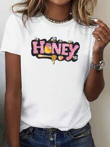 Soft Women's T-Shirt With Fun Honey Graphic Print, Round Neck, Short Sleeve, Comfortable For Everyday Wear, Urban Vintage Style, Unisex, Loose Fit, Cotton, Short Sleeve, Round Neck. - 白色 - 查看 5