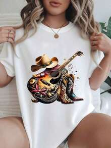 Women's Casual Short Sleeve T-Shirt - Guitar, Cowboy Hat, Boots, Stars, Flowers And Leopard Print, Round Neck, Summer Top, Machine Washable, Ladies' T-Shirts, Casual Wear, Modern Style, Comfortable Fit
Mrs. Black's Cool Summer Clothes - 白色 - 查看 1