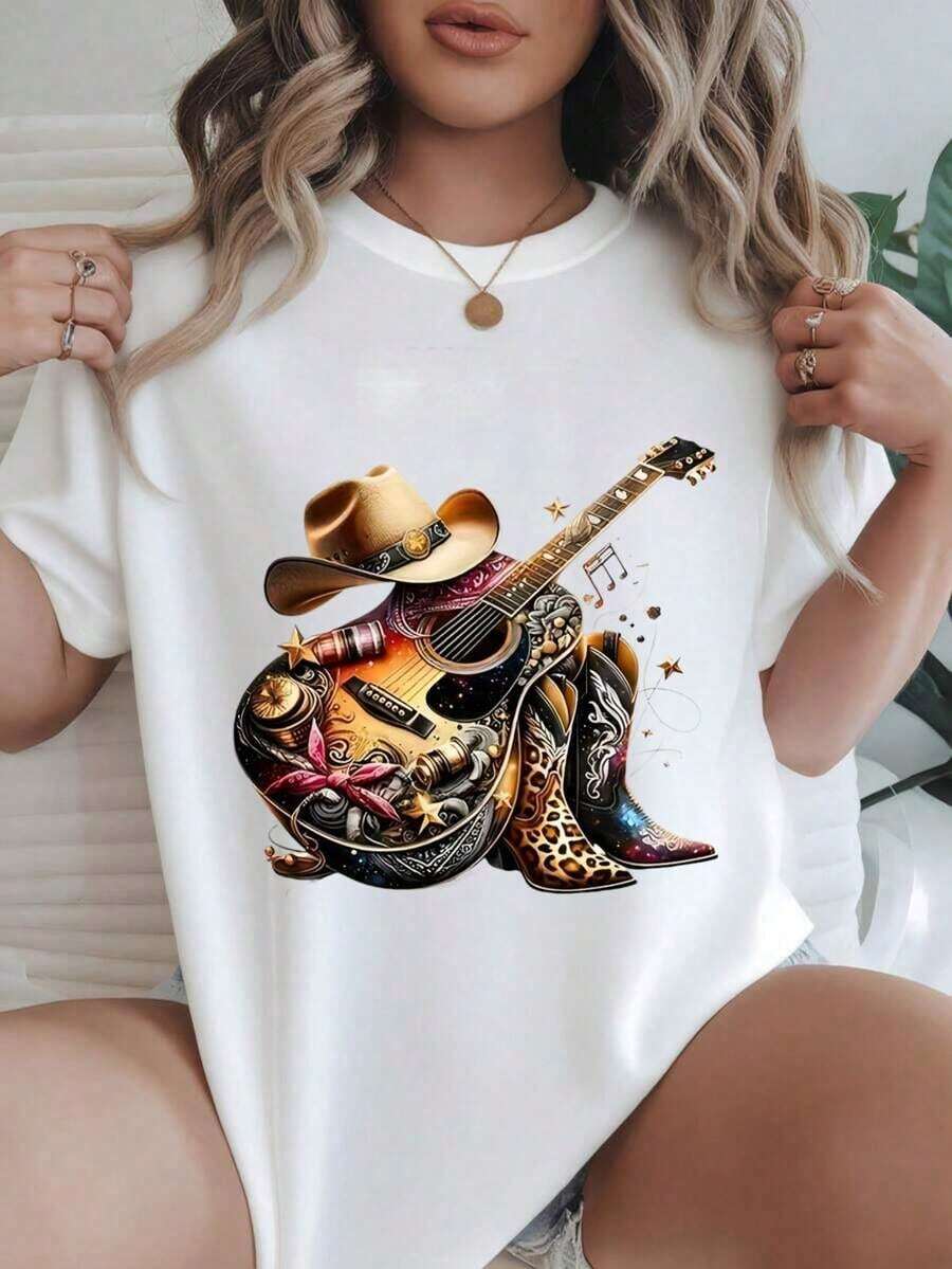 Women's Casual Short Sleeve T-Shirt - Guitar, Cowboy Hat, Boots, Stars, Flowers And Leopard Print, Round Neck, Summer Top, Machine Washable, Ladies' T-Shirts, Casual Wear, Modern Style, Comfortable Fit
Mrs. Black's Cool Summer Clothes - 白色 - 查看 1