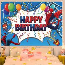1pc Spider-Man Happy Birthday Backdrop Marvel Superhero Boy Party Decoration Cartoon Photography Background Indoor Holiday Gathering Scene Layout Cake Table Wall Tapestry Anime Fan Birthday Party Props Wall Hanging Decor - 多色 - 查看 1