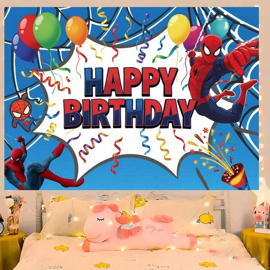 1pc Spider-Man Happy Birthday Backdrop Marvel Superhero Boy Party Decoration Cartoon Photography Background Indoor Holiday Gathering Scene Layout Cake Table Wall Tapestry Anime Fan Birthday Party Props Wall Hanging Decor - 多色 - 查看 1