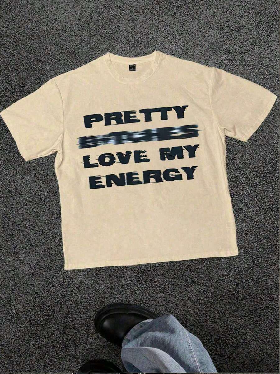 Cute Unisex Premium Casual T-Shirts, 'Positive Vibe' T-Shirt With The Phrase 'PRETTY GIRLS LOVE MY ENERGY', Short Sleeve Casual T-Shirt, Soft, Pure Cotton 220gsm - 杏色 - 查看 1