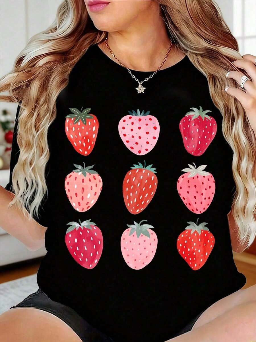 Women's Casual Strawberry Print T-Shirt, Round Neck, Short Sleeve, Summer Casual Top, Fruit Graphic Design T-Shirt For Daily Wear And Outings. - 黑色 - 查看 1