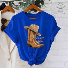 Women's Graphic Tee With Boots And Cowboy Hat - 100% Cotton, Short Sleeve, Crew Neck, 'Let's Go Girls' Print, Casual Loose Fit, Soft - 藍色 - 查看 1