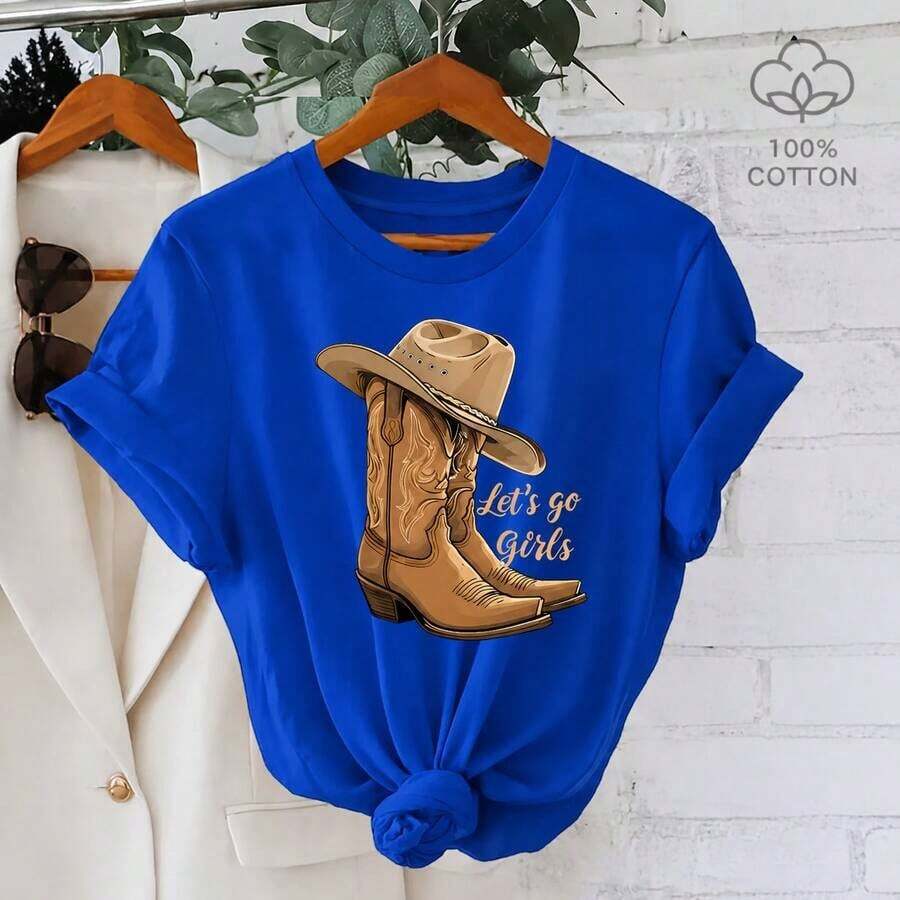 Women's Graphic Tee With Boots And Cowboy Hat - 100% Cotton, Short Sleeve, Crew Neck, 'Let's Go Girls' Print, Casual Loose Fit, Soft - 藍色 - 查看 1