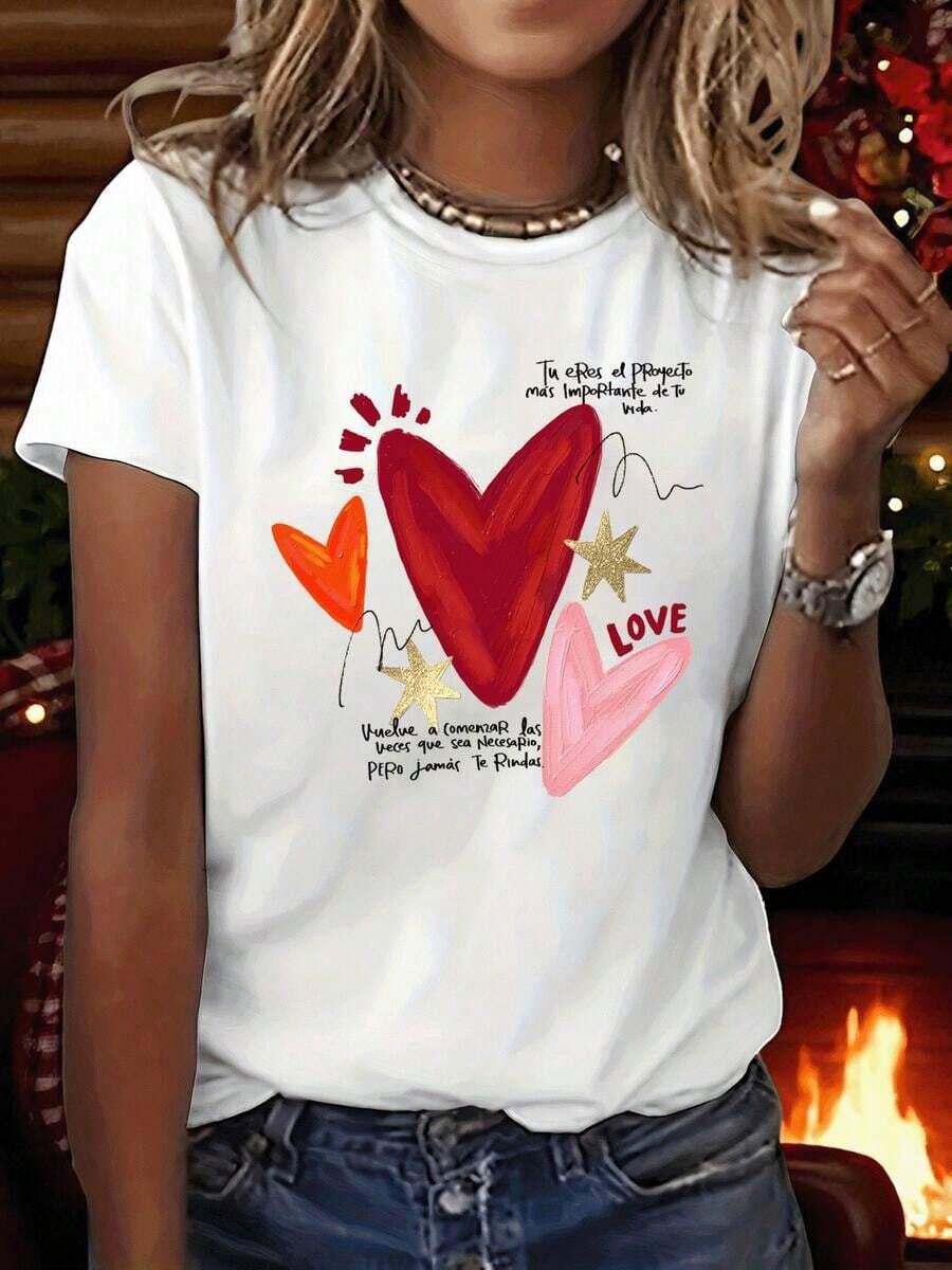 100% Cotton, 1 Piece. Women's T-Shirt With Spanish Love Phrase And Heart Print - Spanish Text "Corazón", Casual Round Neck Short Sleeve Blouse For Spring/Summer Casual Outfit - Outfit Top With Spanish Phrase, 100% Soft Cotton. Women's Simple Solid Color T-Shirt, Loose And Slim Fit Casual Short Sleeve - 白色的 - 查看 1