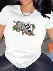 100% Cotton. Short-Sleeved T-Shirt With An Adorable Koala And Panda Print, Perfect For Lounging At Home. It's Durable And Comfortable, Ideal For Your Living Room Or Dining Room, Made From Soft Material. Women's Simple Solid Color T-Shirt, Loose And Slim Fit Casual Short Sleeve - 白色的 - 查看 1