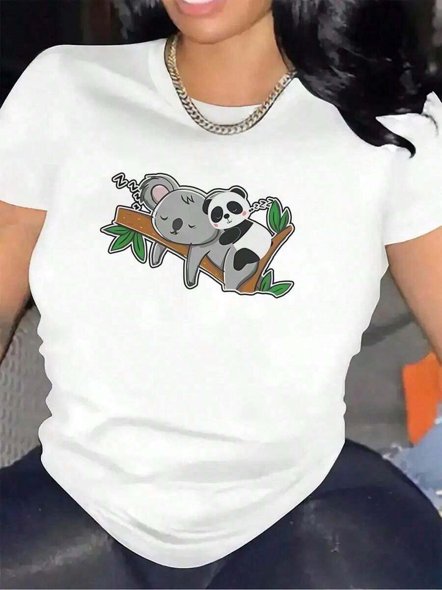 100% Cotton. Short-Sleeved T-Shirt With An Adorable Koala And Panda Print, Perfect For Lounging At Home. It's Durable And Comfortable, Ideal For Your Living Room Or Dining Room, Made From Soft Material. Women's Simple Solid Color T-Shirt, Loose And Slim Fit Casual Short Sleeve - 白色的 - 查看 1