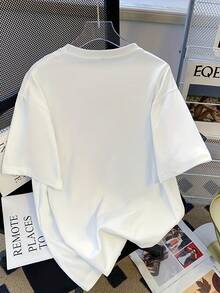 1 Pack. 100% Cotton. 100% Oversized Women's Summer Top With A Pattern - Casual White Short-Sleeved T-Shirt, Unique Letter Print, Spring-Summer Collection, Loose And Comfortable Fit. Suitable For Summer. - 白色 - 查看 5