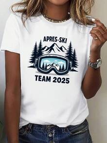 Women's Away Ski T-Shirt - Casual Short-Sleeved Solid Color T-Shirt With Away Ski Theme Design, Comfortable Fit, Suitable For Ski Resorts, Winter And Everyday Wear. - 白色 - 查看 1