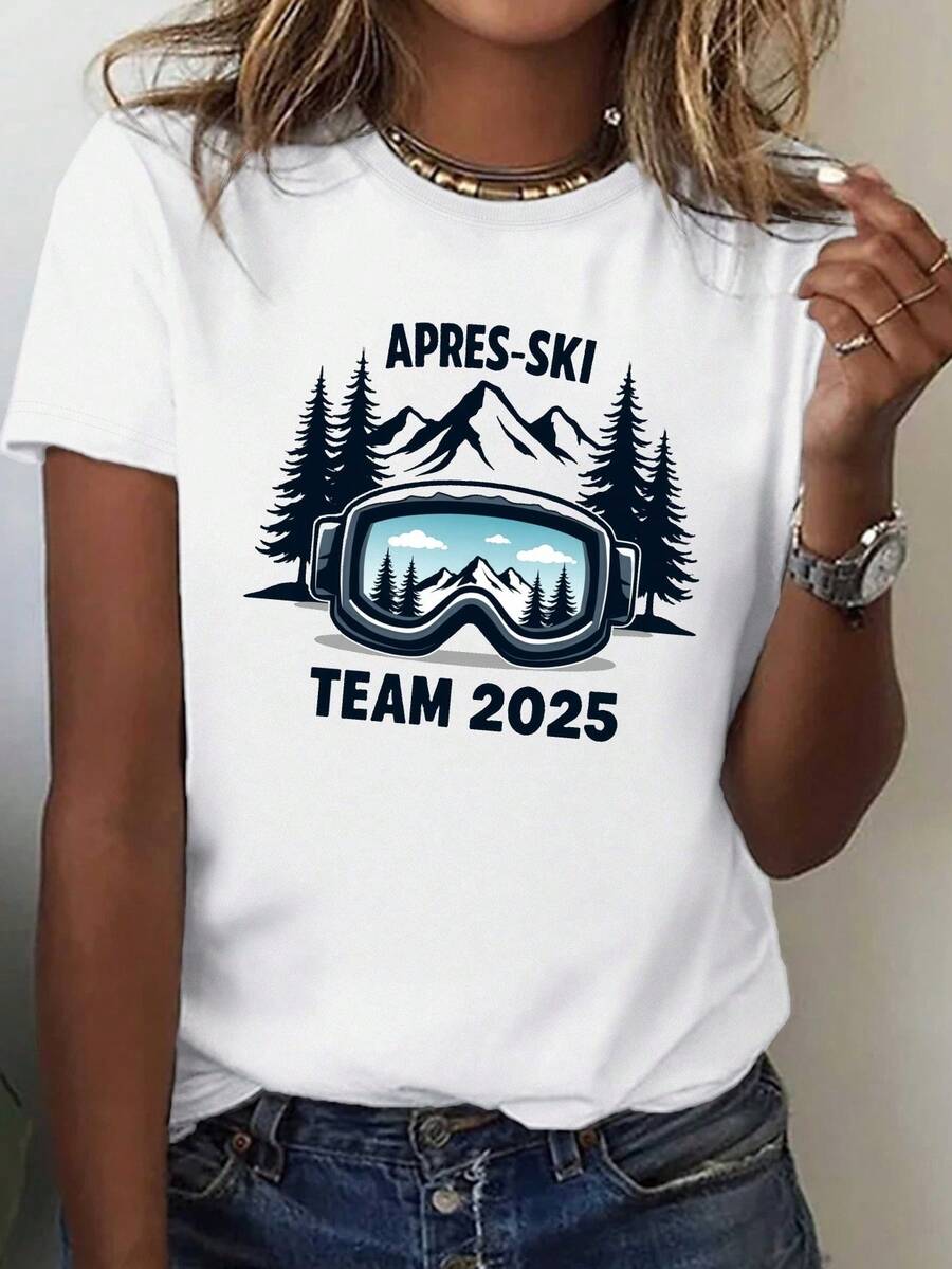 Women's Away Ski T-Shirt - Casual Short-Sleeved Solid Color T-Shirt With Away Ski Theme Design, Comfortable Fit, Suitable For Ski Resorts, Winter And Everyday Wear. - 白色 - 查看 1