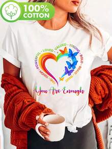 Women's LGBTQ+ Pride T-Shirt - Rainbow Heart And Positive Energy Print, 100% Cotton, Short Sleeve, Round Neck, Casual Style, Machine Washable, Spring/Summer Style, Multi-Love Design, Blouses For Women. - 白色 - 查看 7