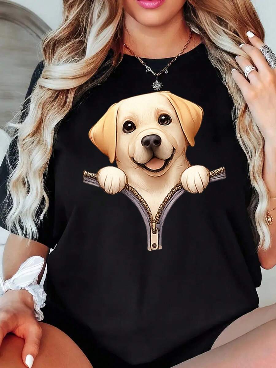 Women's Short-Sleeved T-Shirt With Smiling Golden Retriever Print, Zipper Design, Casual Black Round Neck T-Shirt, Elastic, Machine Washable, Suitable For Sports And Leisure In Spring/Summer/Autumn. - 黑色 - 查看 1