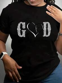 Women's Short-Sleeved T-Shirt With Leopard Print And The Phrase "With God", Casual Black Round Neck T-Shirt, Elastic, Machine Washable, Suitable For Sports And Leisure In Spring/Summer/Autumn. - 黑色 - 查看 1