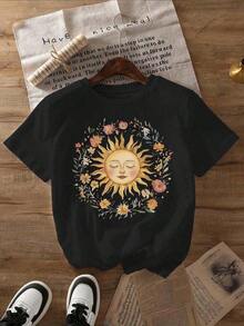 1 Piece 'Spiritual Sun' Print T-Shirt, Casual Short Sleeve Round Neck T-Shirt For Summer And Spring, Women's T-Shirt, 180g 100% Cotton - 黑色 - 查看 2