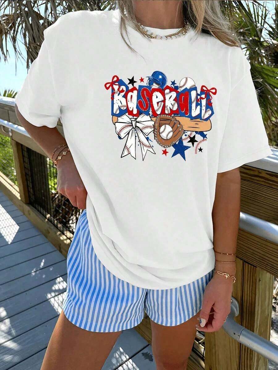 1 Piece Of Women's Casual Short-Sleeved Crew Neck T-Shirt With "Baseball Mom" Print, Suitable For Spring And Summer Wear. 180g 100% Cotton. - 白色 - 查看 1