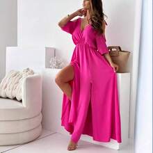 Women's Red Dress With V-Neck, Off-The-Shoulder Lacing, Three-Quarter Sleeves, High Side Slit, Gathered Waist, Flowing Chiffon Fabric, Elegant And Sexy Style Ideal For Summer Vacations, Beach Parties And Formal Evening Events - 玫紅色 - 查看 5