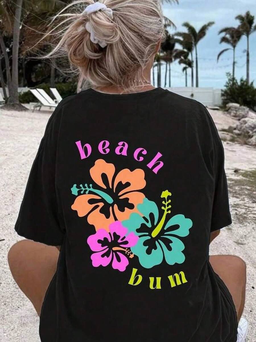100% Premium Cotton: Colorful Summer T-Shirt, Vibrant Tropical Floral Beach Design, Comfortable Casual Style, Ideal For Summer Beach Vacations. Available In Various Sizes. Black Fashion - Soft And Breathable Casual Fashion Clothing For Everyday Wear. - 黑色 - 查看 1