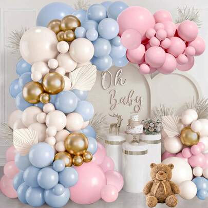 116pc Gender Reveal Balloon Arch Set, Featuring Blush Pink And Blue Balloons, Metallic Gold And Sandy White Balloons, Suitable For Boy And Girl Gender Reveal Parties, Bohemian Bachelor/Bachelorette Parties, Birthday Parties, Babyshowers, And Unisex Bear-Themed Decorations.