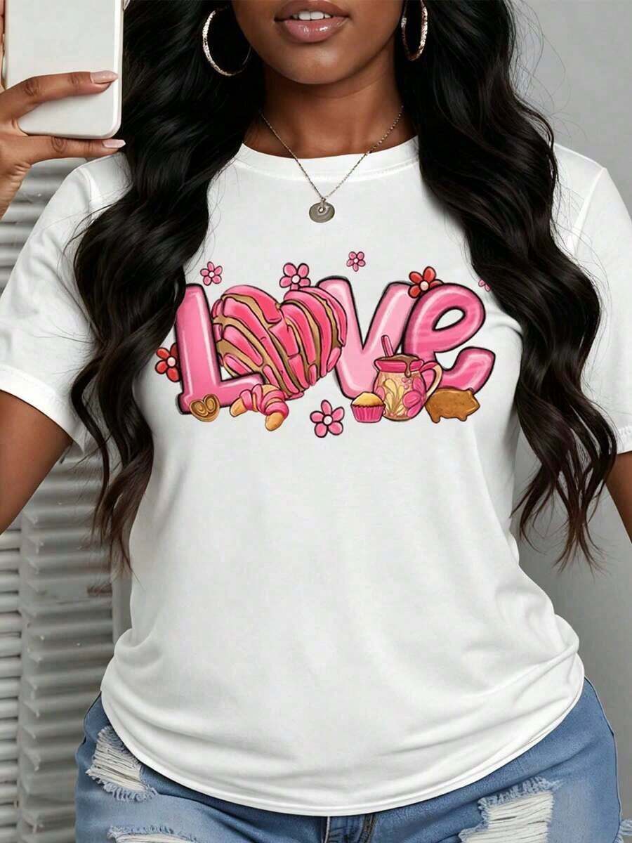 Women's Casual Short Sleeve Crew Neck T-Shirt With Fun Print, Love Design With Sweets And Cupcakes, 100% Pure Cotton, For Daily Wear, Parties, Holidays, Gift Option - 白色 - 查看 1