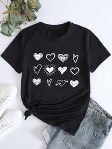 Women's Short-Sleeved, Crew-Neck T-Shirt With A Heart Print. Suitable For All Body Types And Wearable In All Four Seasons, With A Soft And Breathable Fabric. - 黑色 - 查看 1