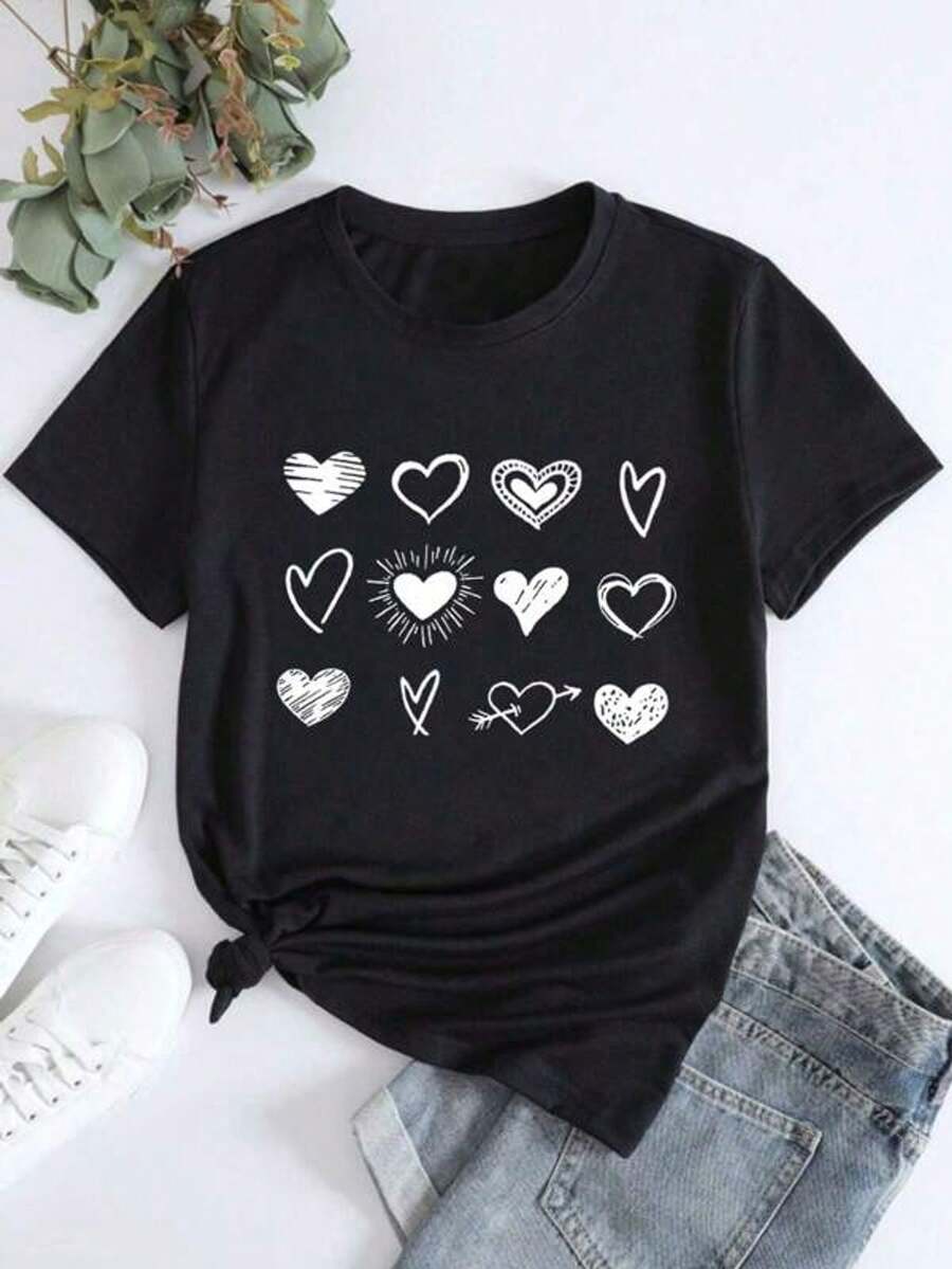 Women's Short-Sleeved, Crew-Neck T-Shirt With A Heart Print. Suitable For All Body Types And Wearable In All Four Seasons, With A Soft And Breathable Fabric. - 黑色 - 查看 1