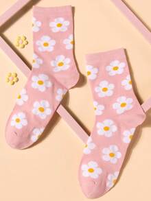 Women's Floral Pattern Mid-Calf Socks - Pink - View 1