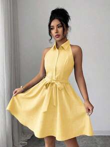 Elenzya Vestido de cuello de camisa sin mangas con tela de efecto lino de dos tonos y efecto de mezclilla, silueta en línea A, diseño elegante y romántico, adecuado para uso al aire libre - Amarillo - Ver 5
