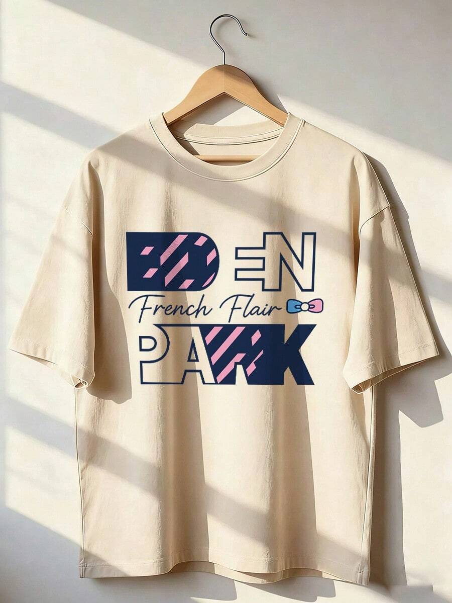 T-Shirt With "DEN PARK" And "French Flair" Text, Short-Sleeved T-Shirt For Spring And Summer 2026, Made In Mexico, 180 Grams. Cartoon Print, Couple Design, Suitable For Indoor Or Outdoor Wear. Crew Neck, Unisex, Ideal For The Office And Leisure. One-Pack. - APR-P631577SLNDXZGY604 - 查看 1
