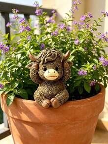 Highland Cow Resin Pot Hugger Set - Cute "See No Evil, Hear No Evil, Speak No Evil" Calf Figurines, Ideal For Plant Pot Edges, Balconies & Garden Decor. Adds Whimsical Farm Charm To Indoor And Outdoor Spaces,Garden,Outdoor Decor,Garden Stuff,Garden Statues - New Model - View 1