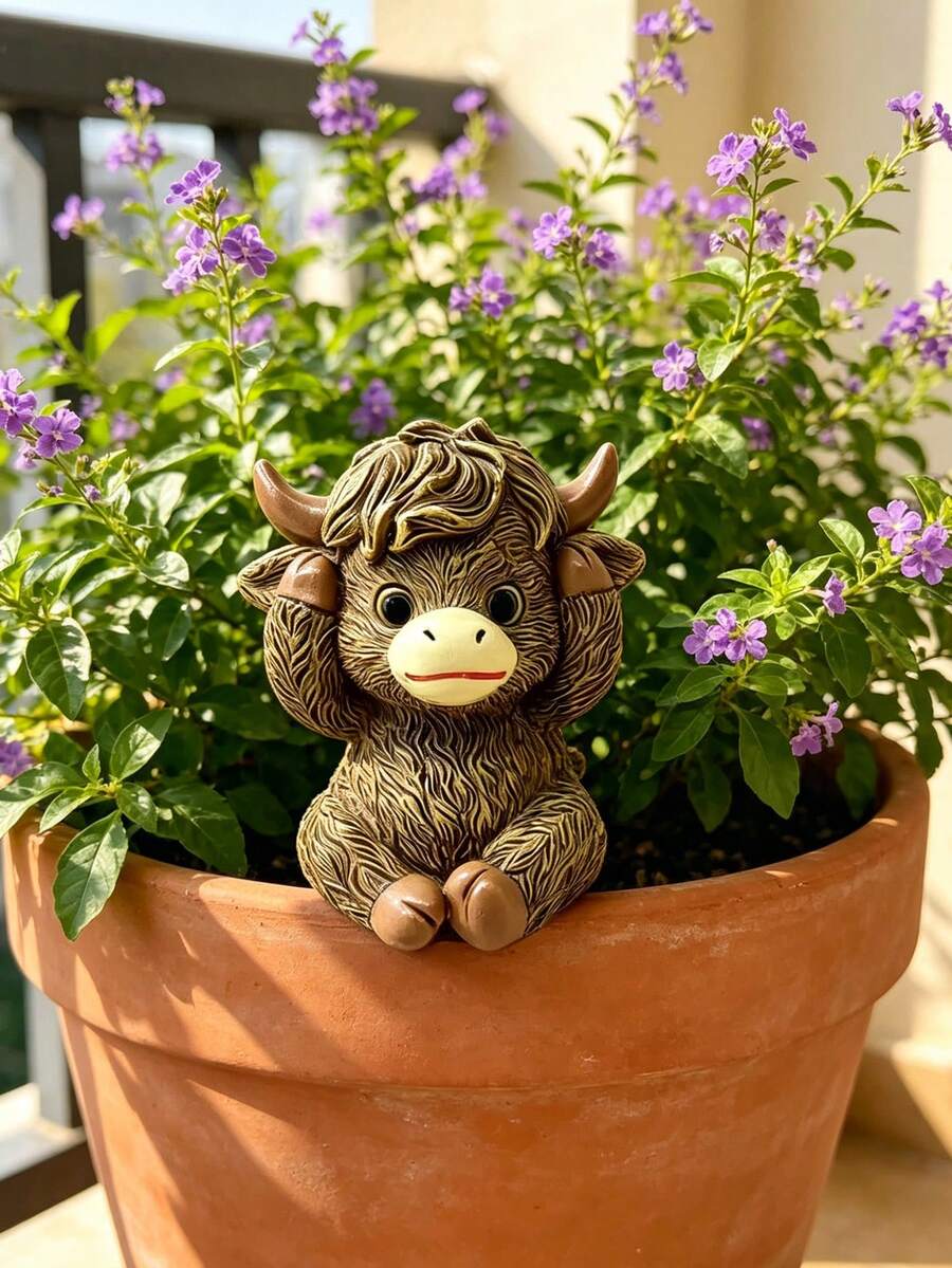 Highland Cow Resin Pot Hugger Set - Cute "See No Evil, Hear No Evil, Speak No Evil" Calf Figurines, Ideal For Plant Pot Edges, Balconies & Garden Decor. Adds Whimsical Farm Charm To Indoor And Outdoor Spaces,Garden,Outdoor Decor,Garden Stuff,Garden Statues - New Model - View 1