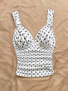 Camiseta de mujer elegante para vacaciones, de tela de punto a lunares, con tirantes retorcidos y fruncidos, de ajuste ceñido, adecuada para vacaciones, citas, té de la tarde, playa, crucero, viaje a la ciudad, vacaciones en la isla, festival de música, vacaciones bohemias, se puede usar por dentro o por fuera - Blanco y Negro - Ver 3