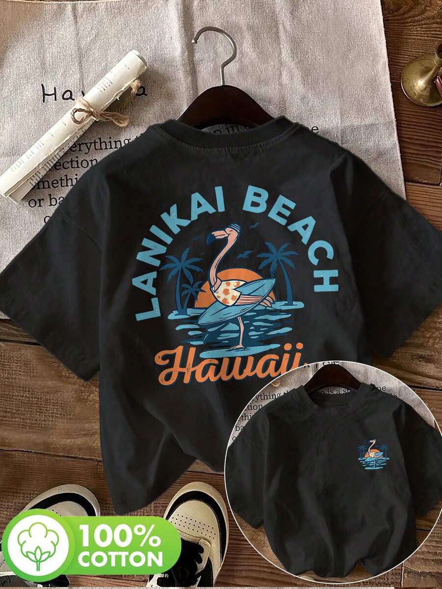 | Exquisite Design | Loose And Comfortable | Easy To Match | [Double-Sided Print] LANIKAI BEACH Hawaii Vintage Beach Print Short Sleeve Crew Neck Pure Cotton T-Shirt [Lang] - 黑色 - 查看 1