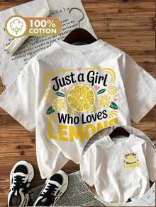 | Exquisite Design | Loose And Comfortable | Easy To Match | [Double-Sided Print] Women's Spring/Summer T-Shirt, Vintage Style, "Just A Girl" Letter Print In Lemon Color, Pure Cotton, Casual Daily Wear, Short Sleeve, Round Neck, Women's T-Shirt. - 白色 - 查看 7