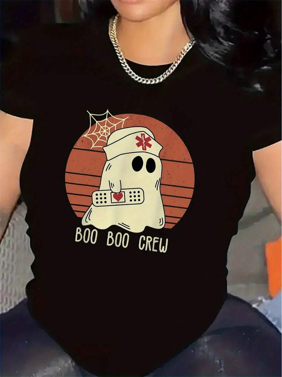 Women's T-Shirt - Halloween Nurse T-Shirt In Black And White - Soft Polyester Short-Sleeve T-Shirt With BOOBOOCREW Design, Ghost And Bat Print, Lightweight And Breathable Fabric Suitable For Costume Parties And Daily Wear, Indoor Gatherings, Festive Outfits, Bat Print, Comfortable Fit, Durable T-Shirt, Printed T-Shirt, Casual Wear, Party Attendant T-Shirts For Women. - 黑色 - 查看 1