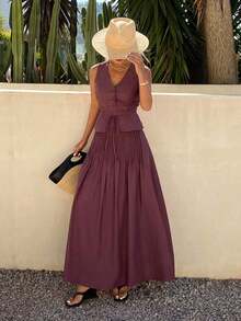 Conjunto de 2 piezas de mujer con falda plisada con cintura anudada y escote en V sin mangas, atuendo de verano para vacaciones - Morado - Ver 5