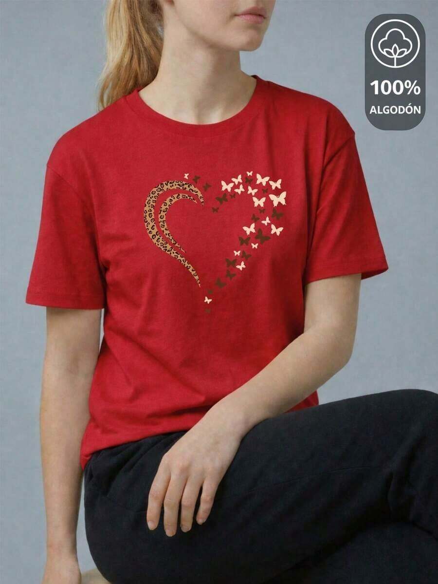 Y2K Style, Fashionable Style, 2026 Newest, Cute Style, Casual Style. Women's Printed T-Shirt "100% COTTON" - "HEART & BUTTERFLIES EDITION" KING SHENDY STORES VENDY 180g (S-XXXL) - 紅色的 - 查看 1
