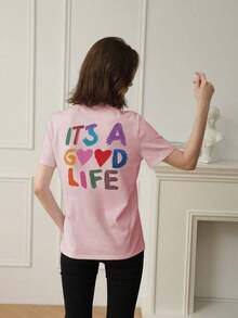 Camiseta de manga corta con cuello redondo y estampado de eslogan colorido para mujer, nuevo estilo de verano, adecuada para uso diario.Vacaciones, Camiseta Gráfica para Mujer, Top Blanco para Mujer - Rosa - Ver 7