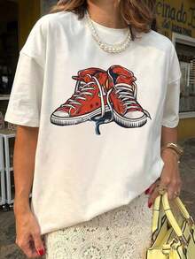 Women's Summer Shirts; Canvas Sneaker Print T-Shirts; Fun T-Shirts; Women's Round Neck T-Shirts, Suitable For Gifting; Suitable For Everyday Casual Wear, Vacation, Relaxation And Gifts. - 白色的 - 查看 2