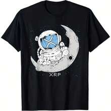 Crypto Meme - XRP Cryptocurrency - Astronaut On The Moon - All-Season XRP T-Shirt, 220g Cotton, Single-Sided Print, Crew Neck, Short Sleeve - 黑色3 - 查看 6