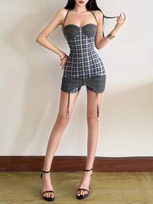 YeonC 女款格紋蕾絲飾邊細肩帶露背連身褲，適合度假、旅行、女款派對與約會連身褲 - 灰色 - 查看 5